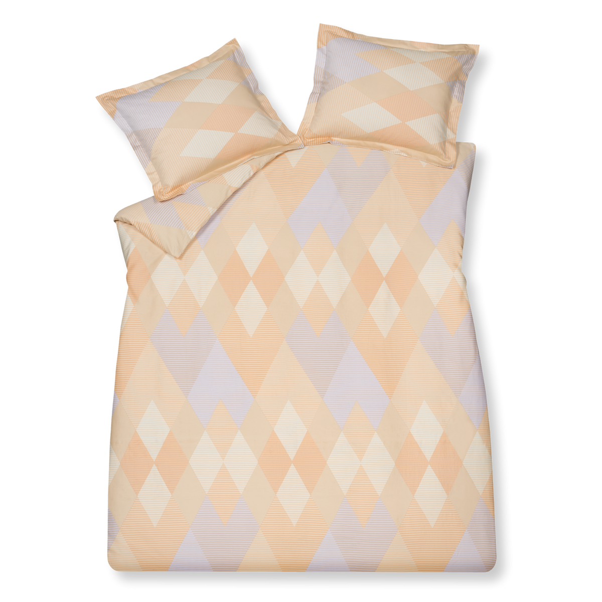 Glaze apricot blush dekbedovertrek heeft een ruitpatroon met strepen in verschillende tinten oranje en lichtpaars