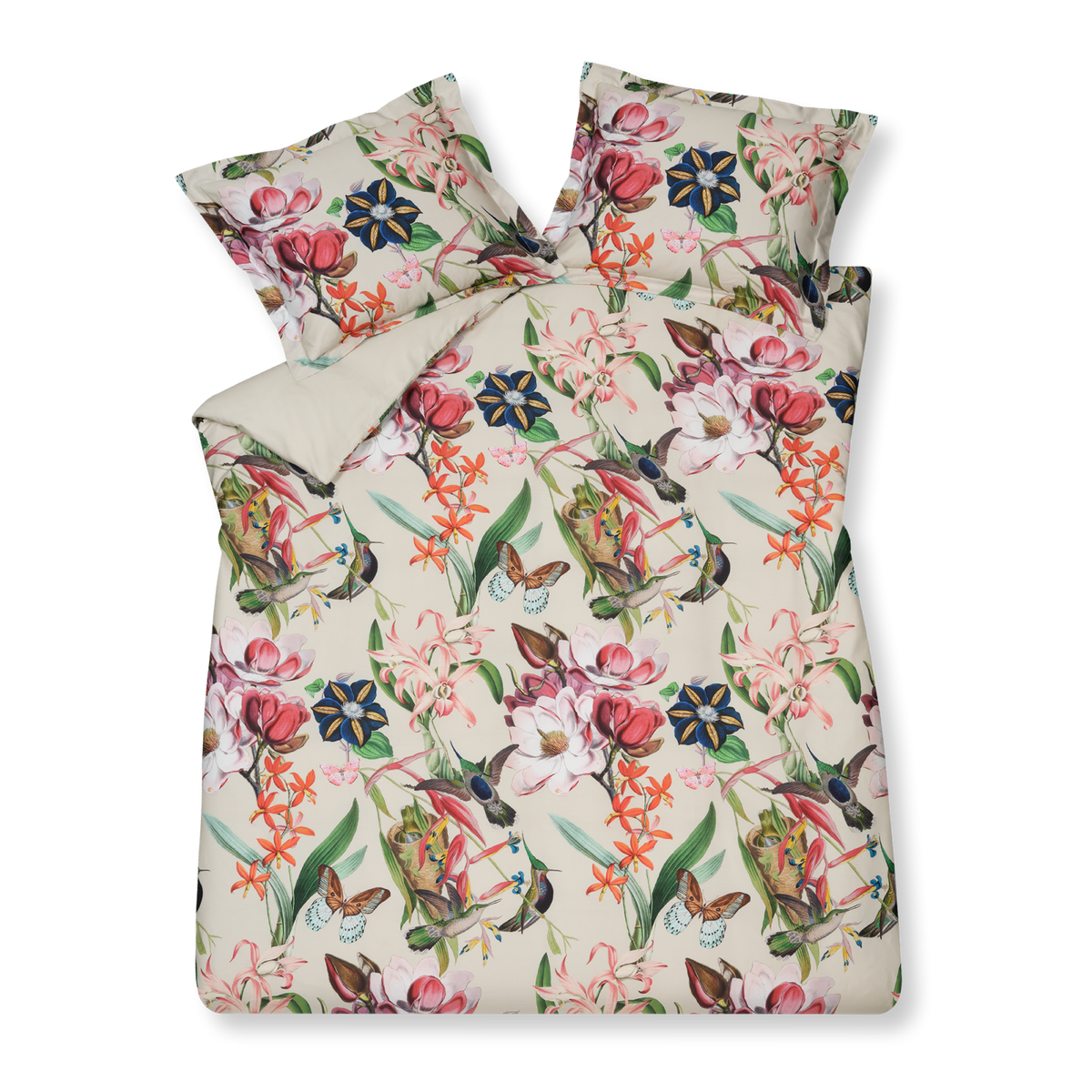 Flower Mix cream tan dekbedovertrek heeft een levendige verzameling van bloemen blauw en verschillende tinten roze. Hier en dan fladderen vlinders en vogels